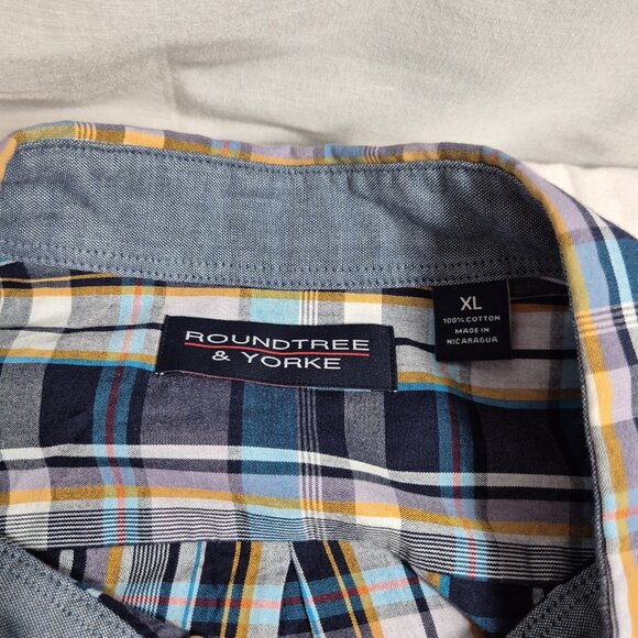 Roundtree Yorke Men's Size XL Short Sleeve  Button Up Deep Blue Plaid Shirt (12) - Picture 6 of 10